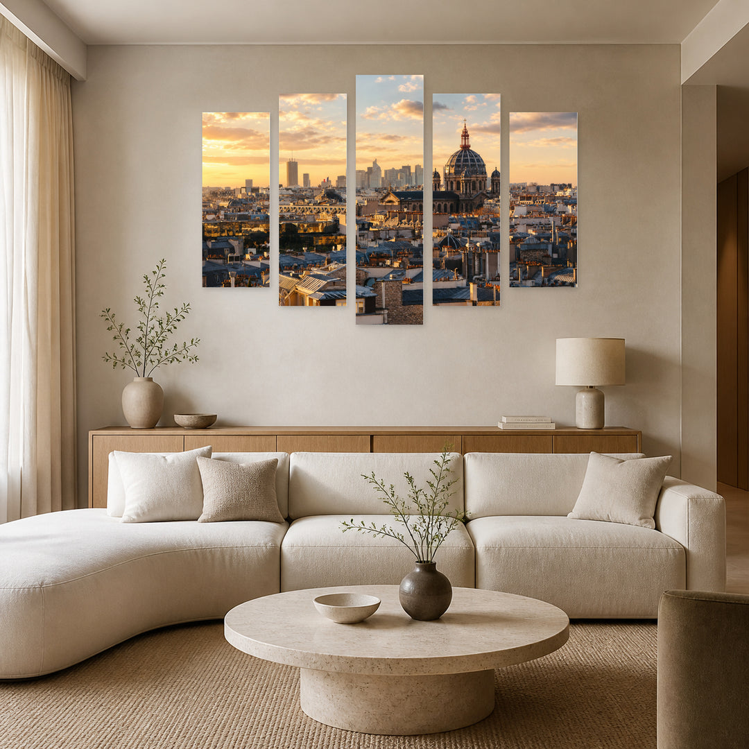 View of Buildings in Paris at Golden Sunset — five-panel wall art in alternate frontal interior | 5wallart 53880 M4