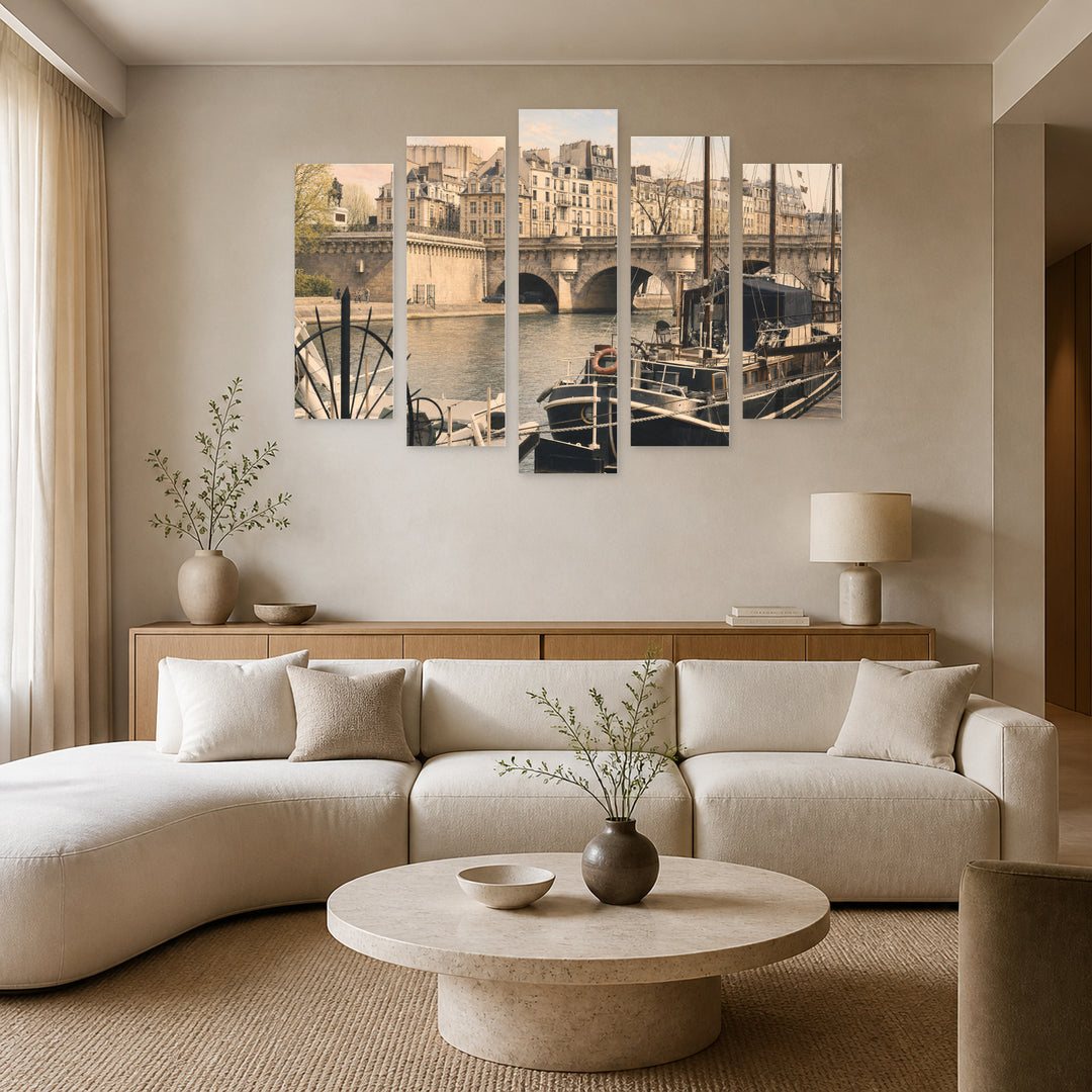 Vintage Paris in Soft Pastels — five-panel wall art in frontal interior | 5wallart 53881 M3