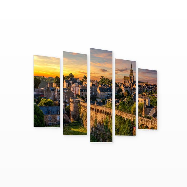 Walled Old Town of Dinan at Golden Sunset — five-panel wall art on white background in perspective | 5wallart 53883 M1
