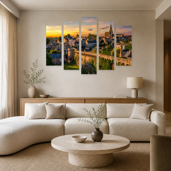 Walled Old Town of Dinan at Golden Sunset — five-panel wall art in frontal interior | 5wallart 53883 M3