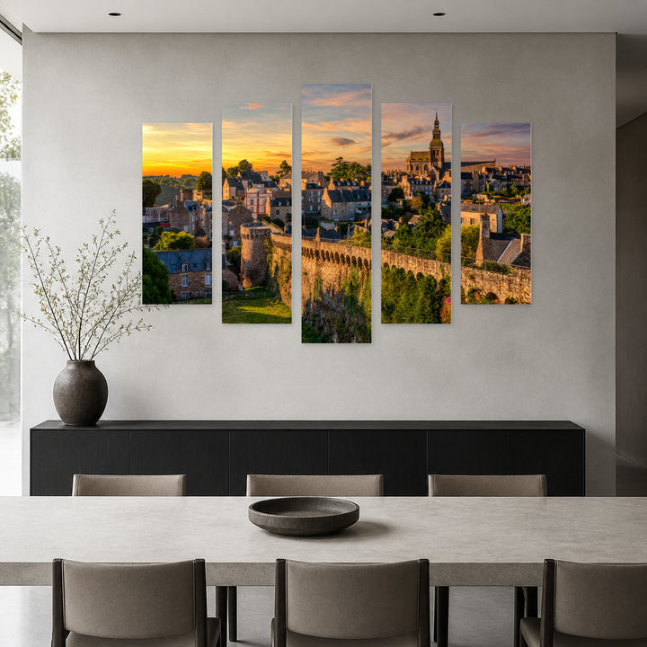 Walled Old Town of Dinan at Golden Sunset — five-panel wall art in alternate frontal interior | 5wallart 53883 M4