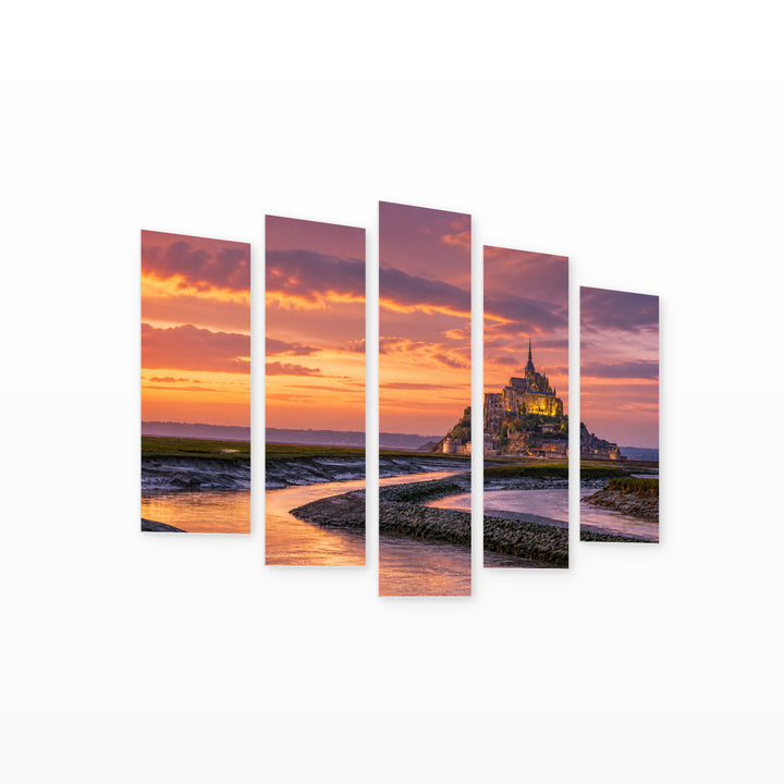 Golden Mont Saint-michel and Romantic Sunset — five-panel wall art on white background in perspective | 5wallart 53886 M1