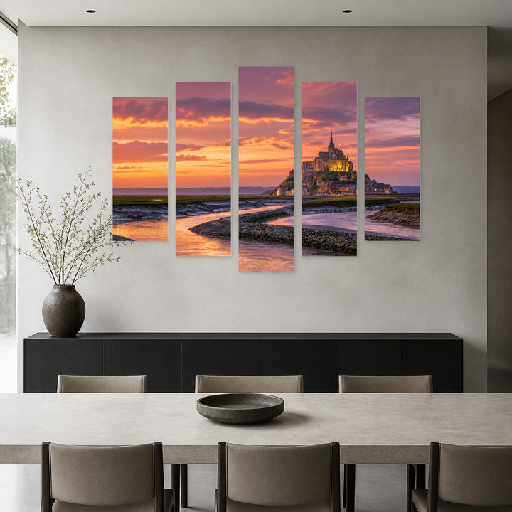 Golden Mont Saint-michel and Romantic Sunset — five-panel wall art in frontal interior | 5wallart 53886 M3