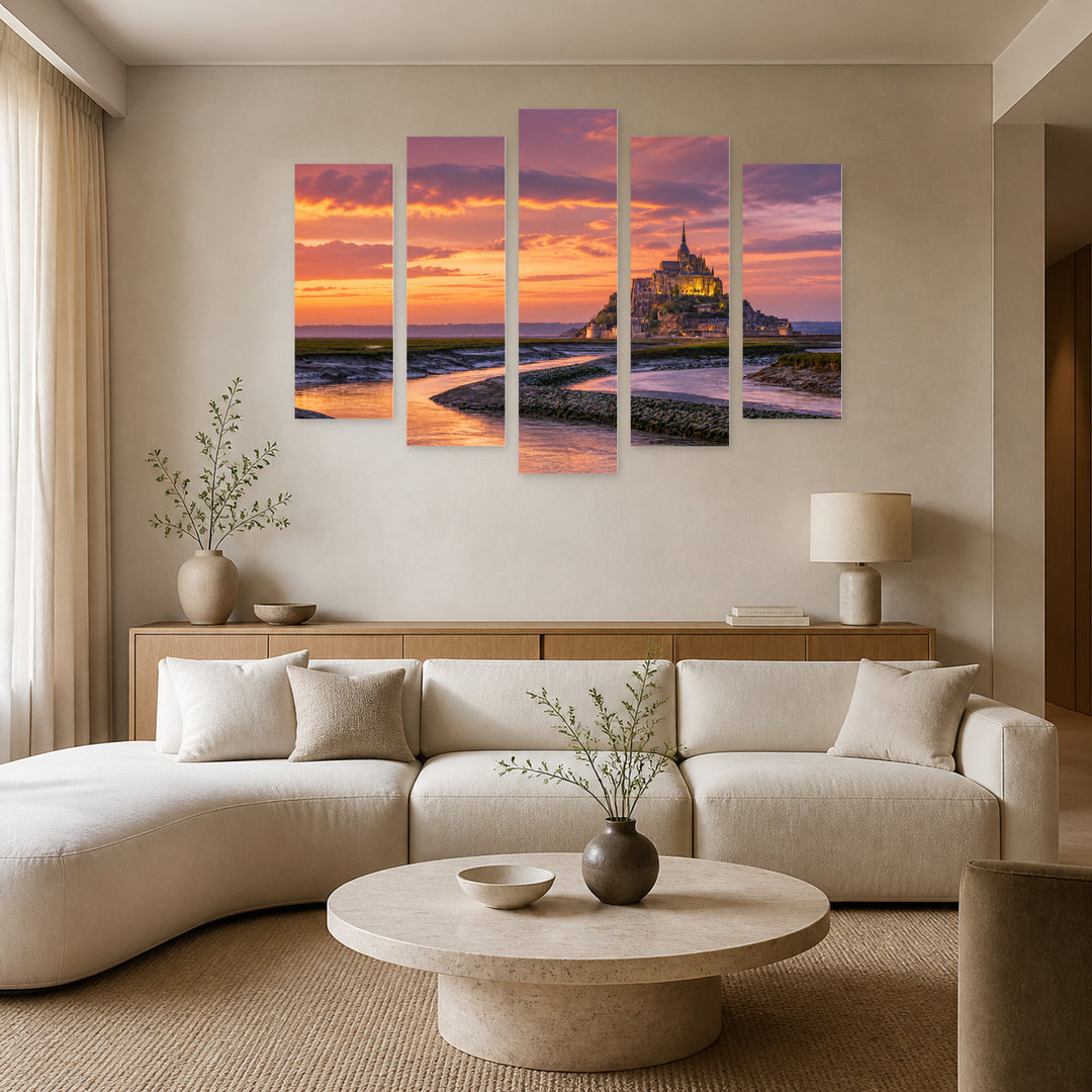 Golden Mont Saint-michel and Romantic Sunset — five-panel wall art in alternate frontal interior | 5wallart 53886 M4