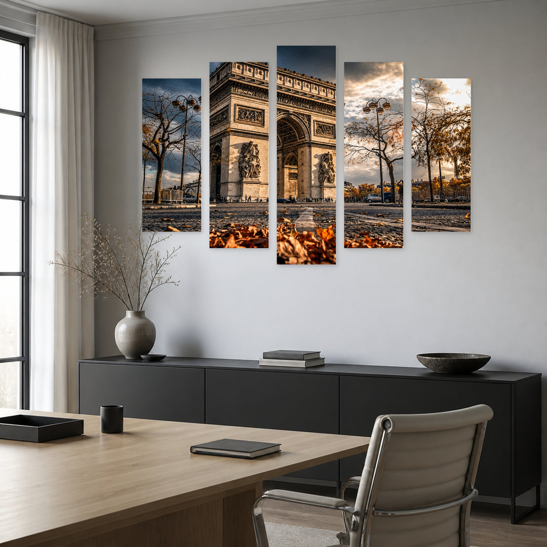 Arc De Triomphe, Paris with Dramatic Contrast — five-panel wall art in frontal interior | 5wallart 53892 M3