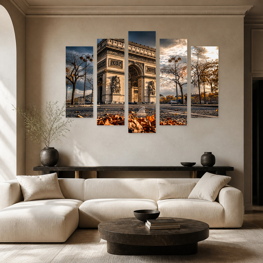 Arc De Triomphe, Paris with Dramatic Contrast — five-panel wall art in alternate frontal interior | 5wallart 53892 M4
