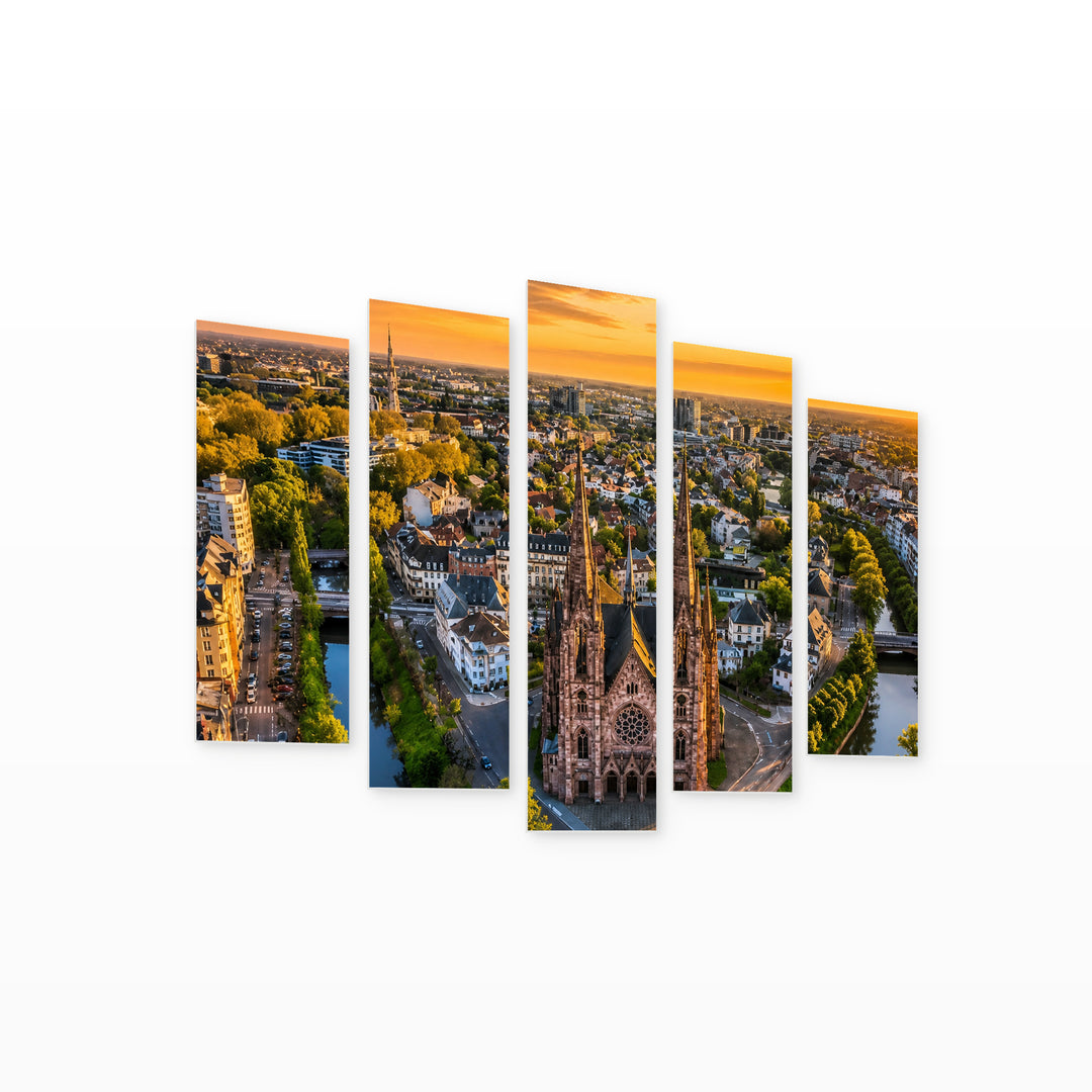 Alsace Skyline at Golden Sunset — five-panel wall art on white background in perspective | 5wallart 53893 M1