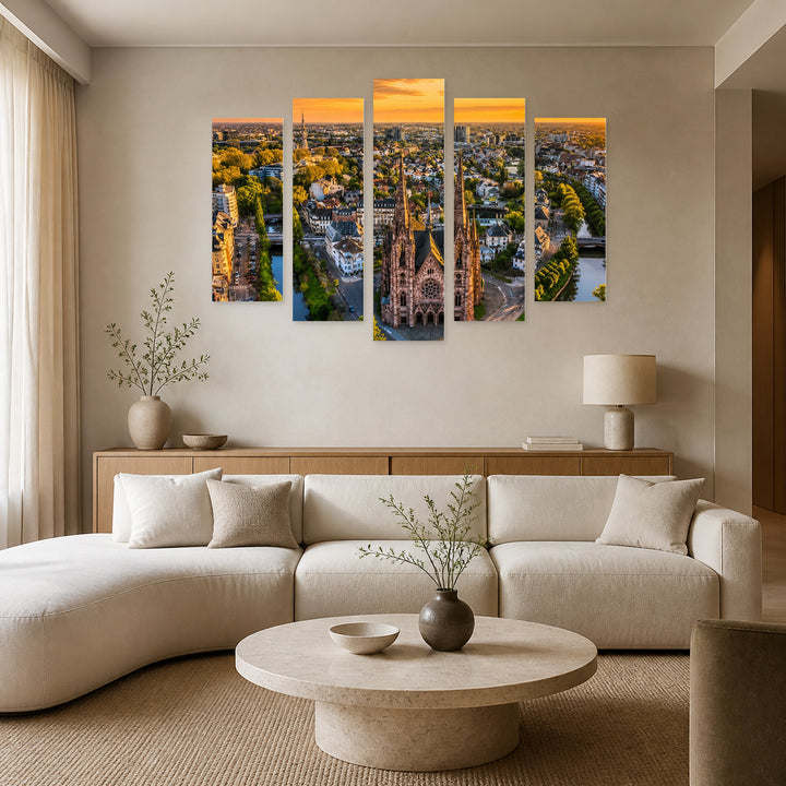 Alsace Skyline at Golden Sunset — five-panel wall art in frontal interior | 5wallart 53893 M3