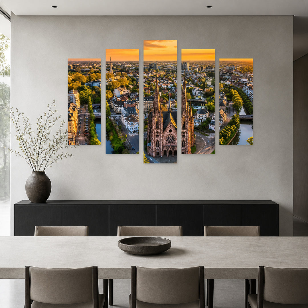 Alsace Skyline at Golden Sunset — five-panel wall art in alternate frontal interior | 5wallart 53893 M4
