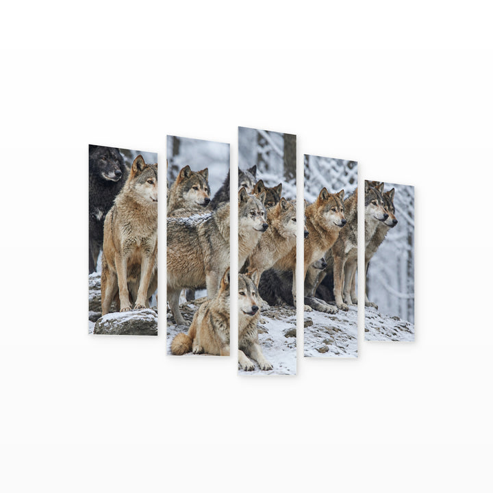 Wolf Pack in Winter — five-panel wall art on white background in perspective | 5wallart 53900 M1