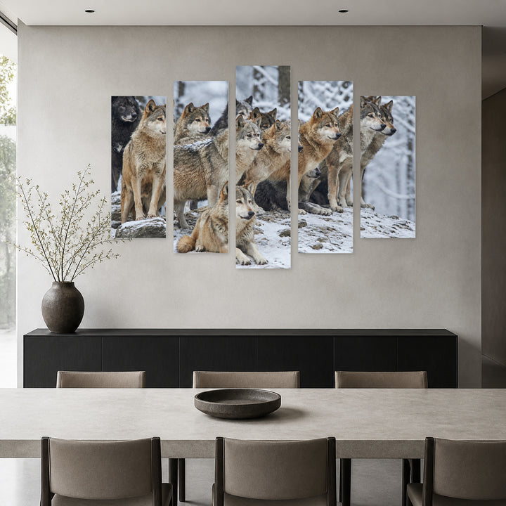 Wolf Pack in Winter — five-panel wall art in frontal interior | 5wallart 53900 M3