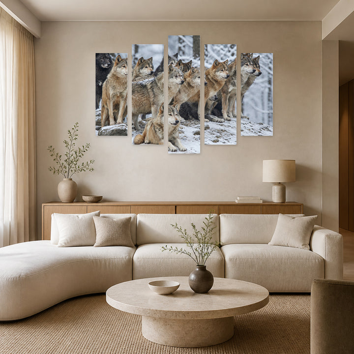 Wolf Pack in Winter — five-panel wall art in alternate frontal interior | 5wallart 53900 M4