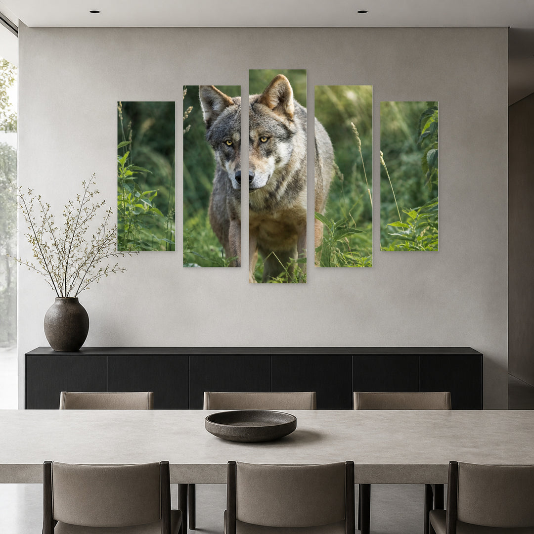 Gray Wolf with Geometric Rhythm — five-panel wall art in frontal interior | 5wallart 53906 M3