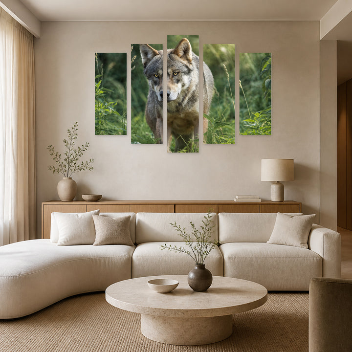 Gray Wolf with Geometric Rhythm — five-panel wall art in alternate frontal interior | 5wallart 53906 M4