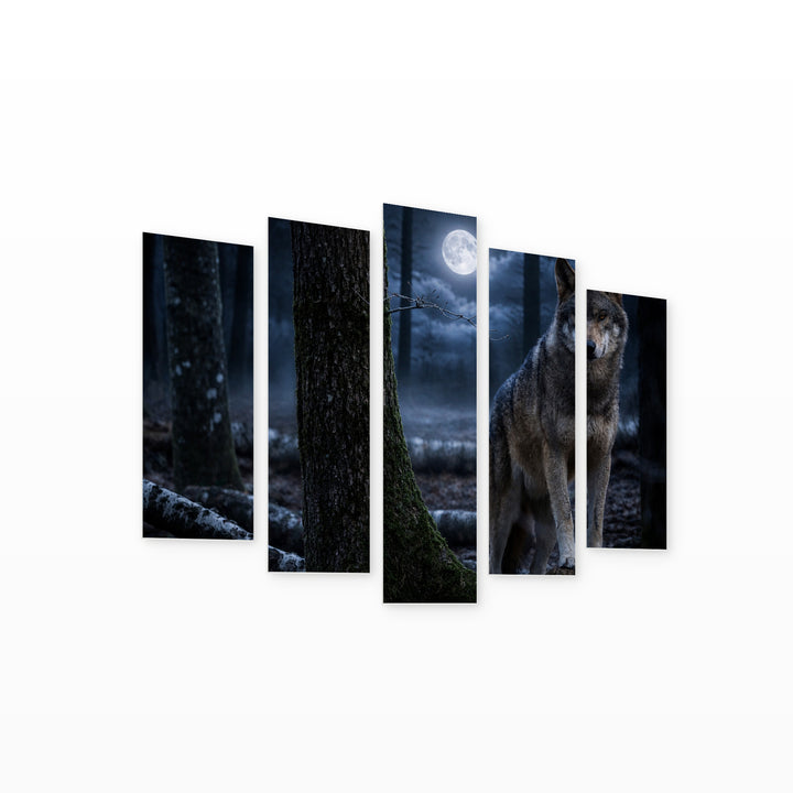 Wolf in the Forest under Moonlight — five-panel wall art on white background in perspective | 5wallart 53908 M1