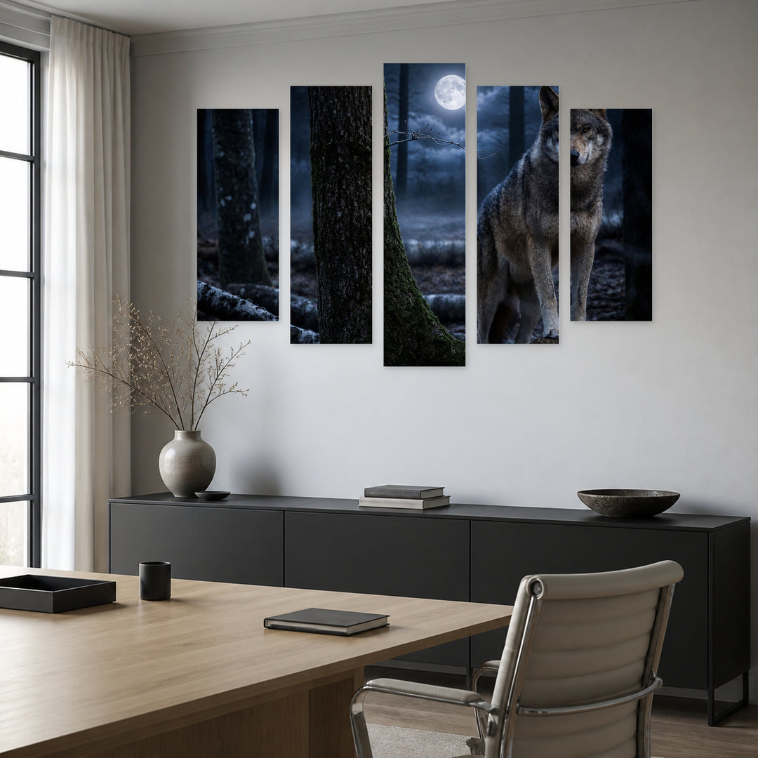 Wolf in the Forest under Moonlight — five-panel wall art in frontal interior | 5wallart 53908 M3