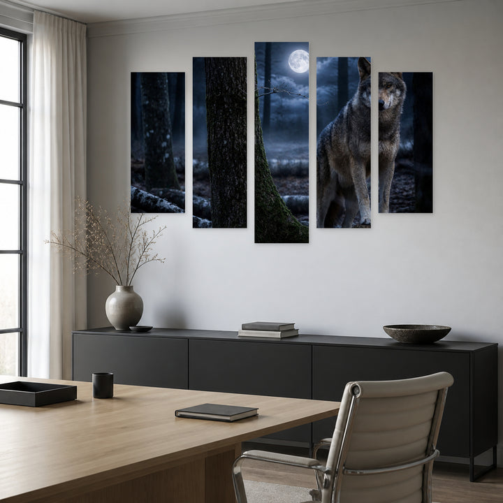 Wolf in the Forest under Moonlight — five-panel wall art in frontal interior | 5wallart 53908 M3