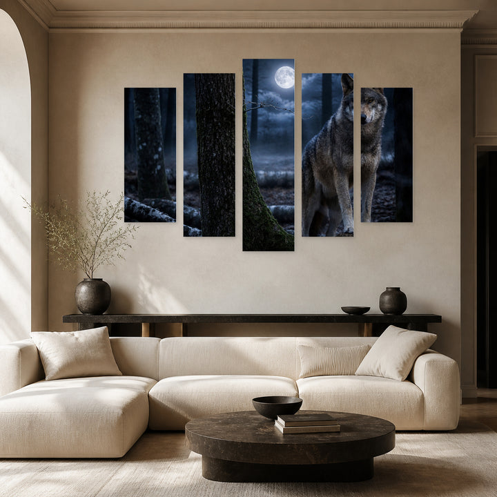 Wolf in the Forest under Moonlight — five-panel wall art in alternate frontal interior | 5wallart 53908 M4