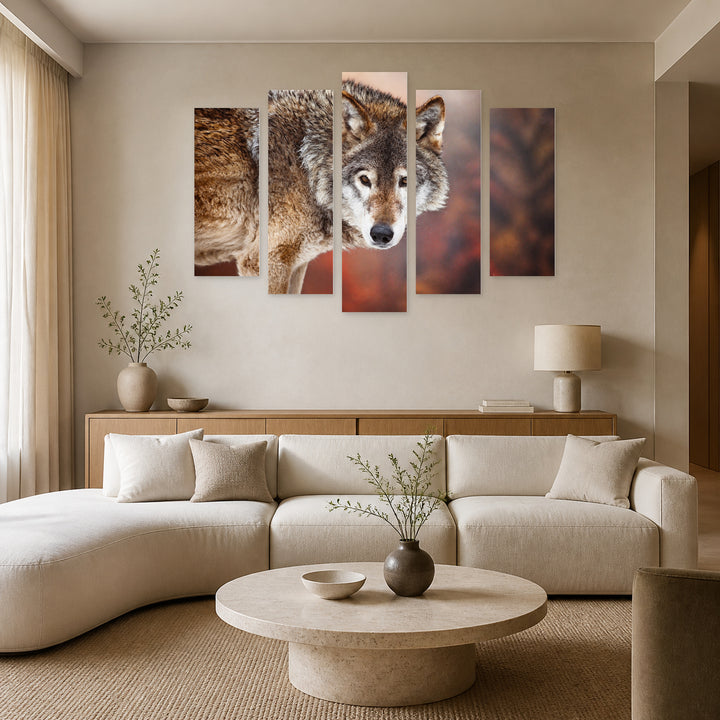 Wild Wolf with Geometric Rhythm — five-panel wall art in frontal interior | 5wallart 53911 M3