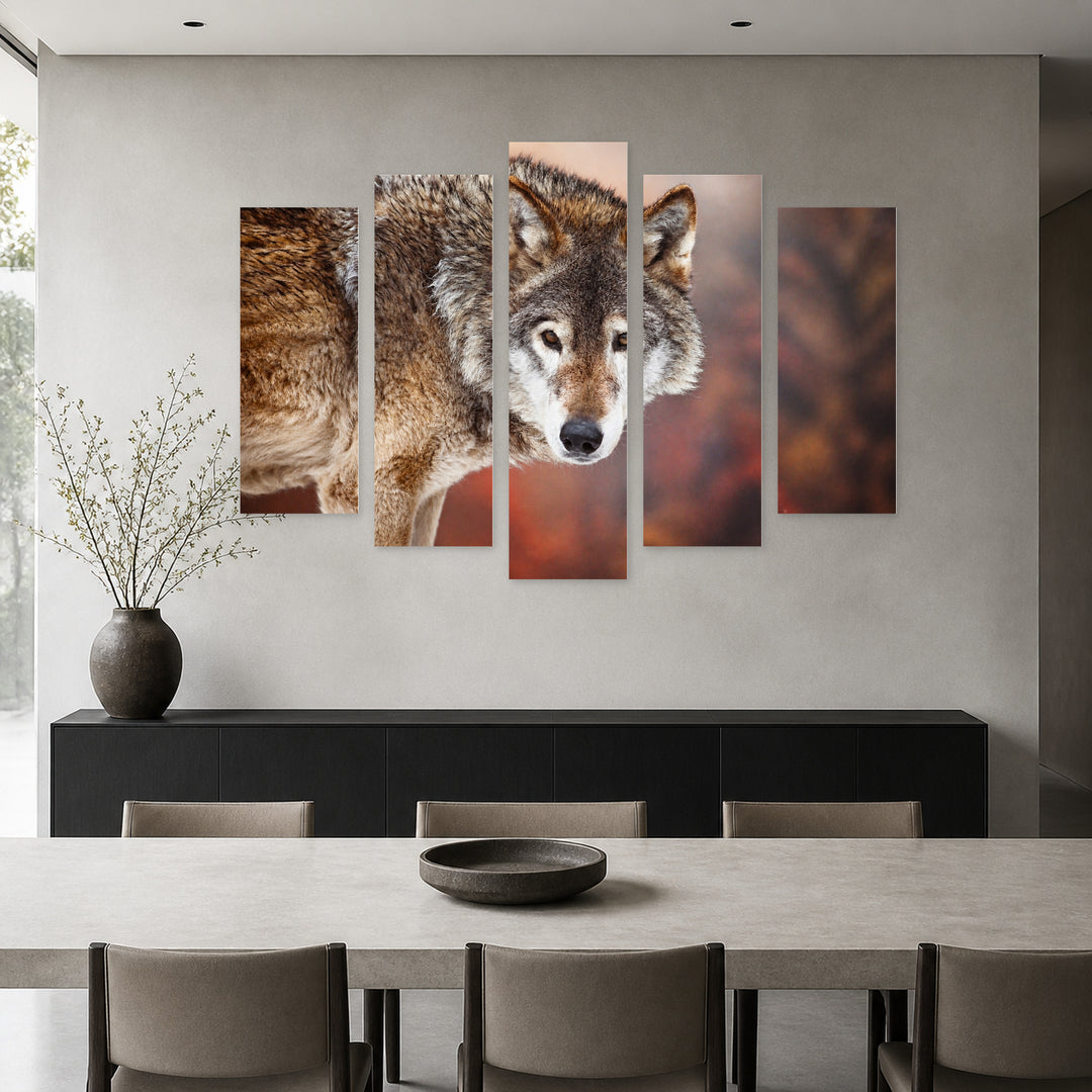 Wild Wolf with Geometric Rhythm — five-panel wall art in alternate frontal interior | 5wallart 53911 M4