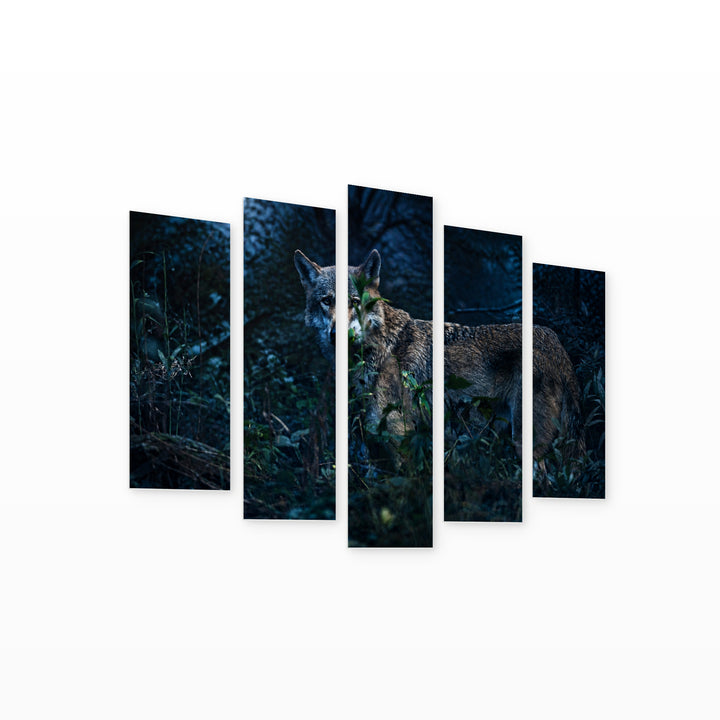 Eurasian Wolf in the Forest under Moonlight — five-panel wall art on white background in perspective | 5wallart 53913 M1