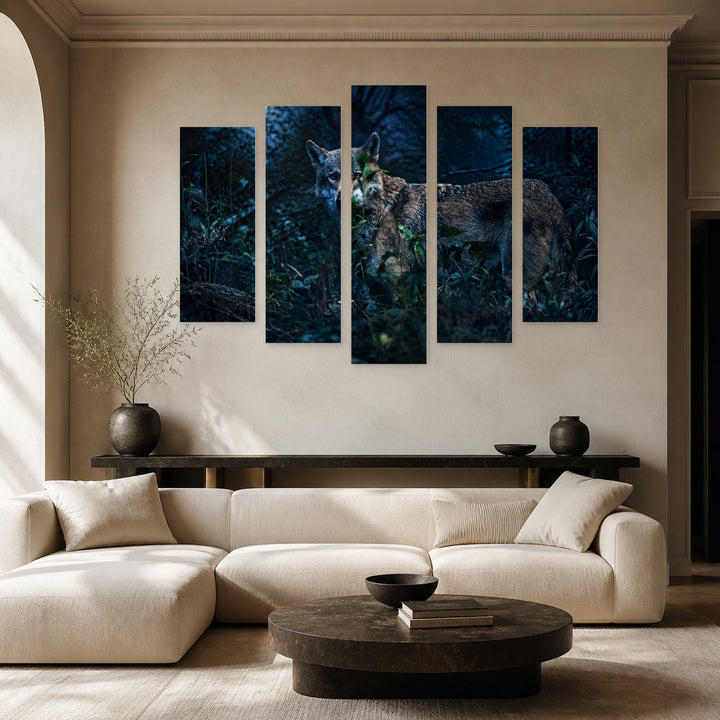 Eurasian Wolf in the Forest under Moonlight — five-panel wall art in frontal interior | 5wallart 53913 M3