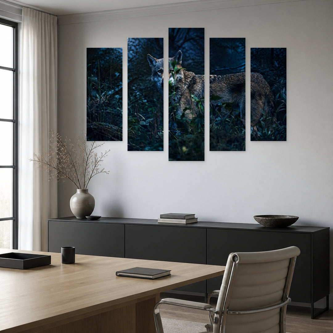 Eurasian Wolf in the Forest under Moonlight — five-panel wall art in alternate frontal interior | 5wallart 53913 M4