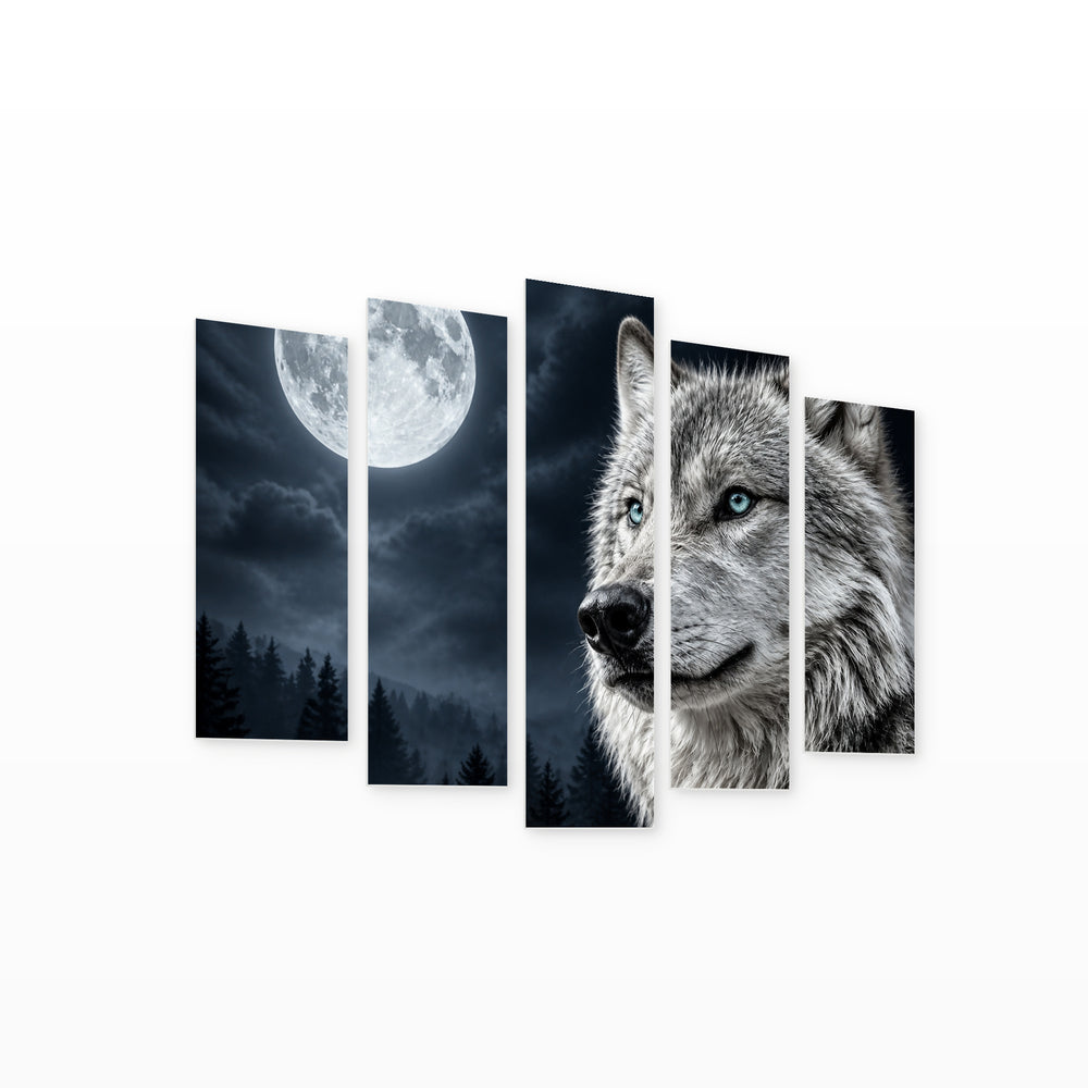 Full Moon and Wolf at Night — five-panel wall art on white background in perspective | 5wallart 53915 M1