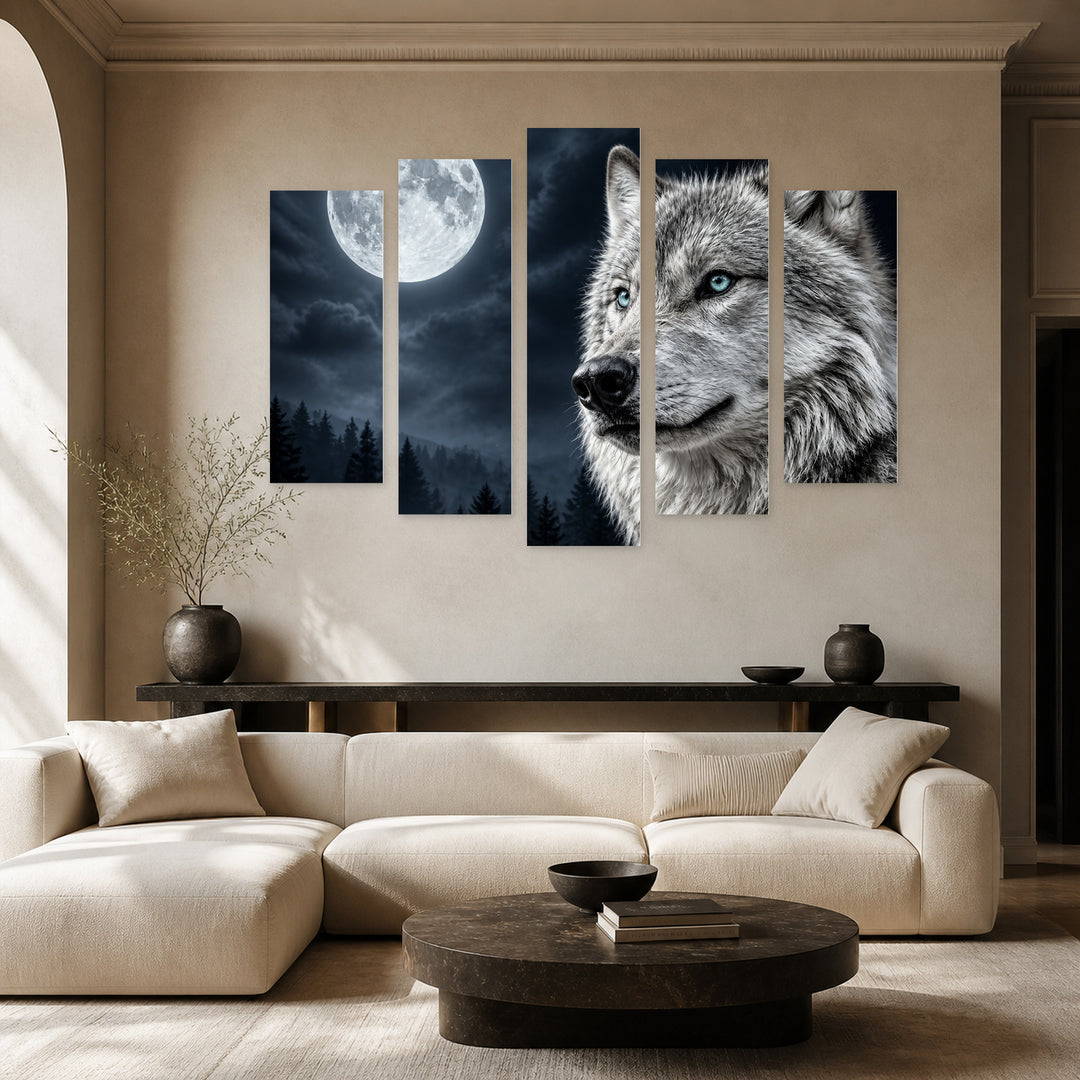 Full Moon and Wolf at Night — five-panel wall art in frontal interior | 5wallart 53915 M3
