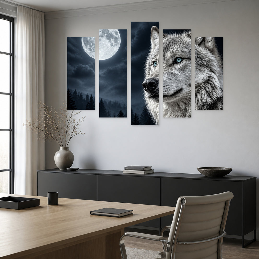 Full Moon and Wolf at Night — five-panel wall art in alternate frontal interior | 5wallart 53915 M4