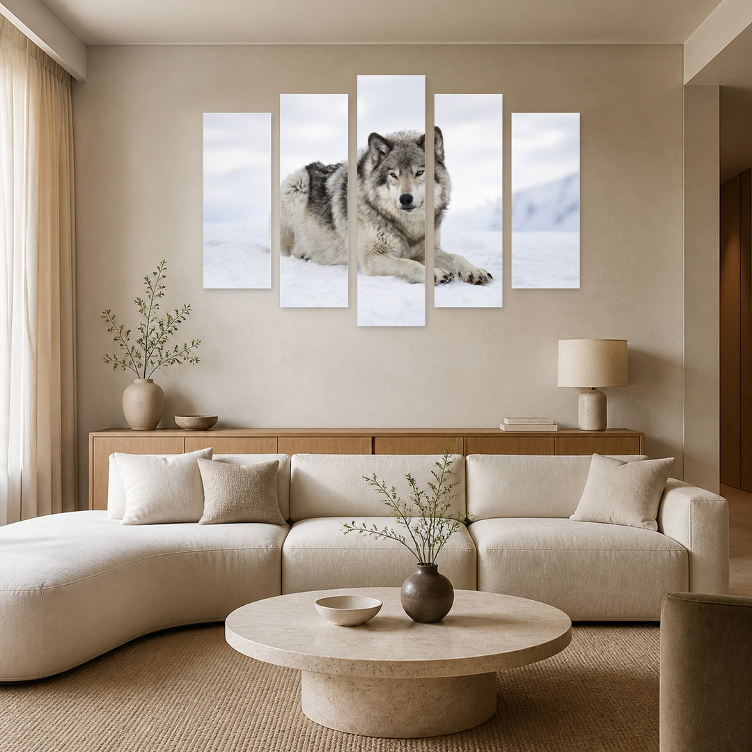 Wolf on Snow in Winter — five-panel wall art in frontal interior | 5wallart 53917 M3