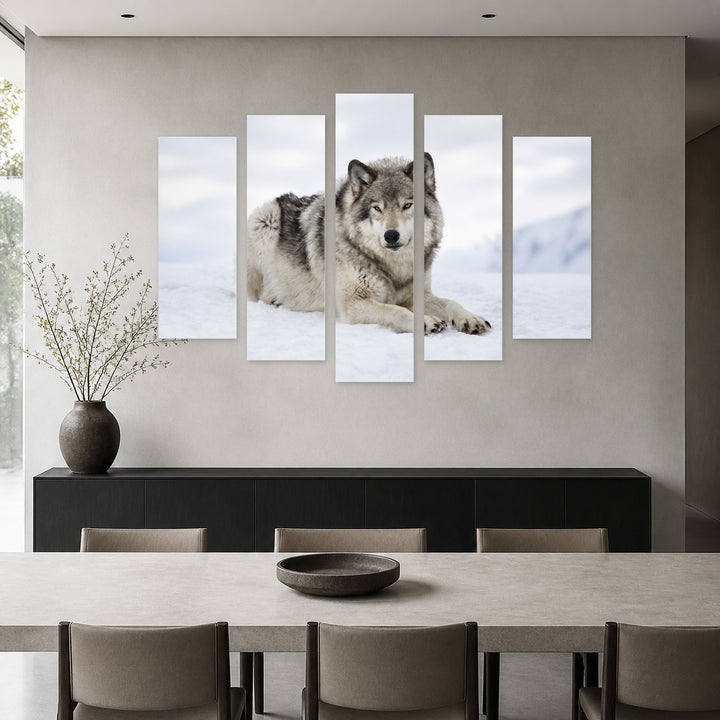 Wolf on Snow in Winter — five-panel wall art in alternate frontal interior | 5wallart 53917 M4