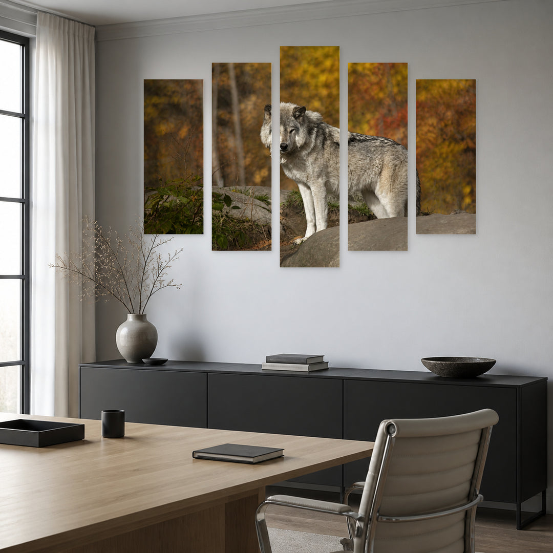 Wolf in the Autumn Forest Wildlife Portrait — five-panel wall art in frontal interior | 5wallart 53926 M3