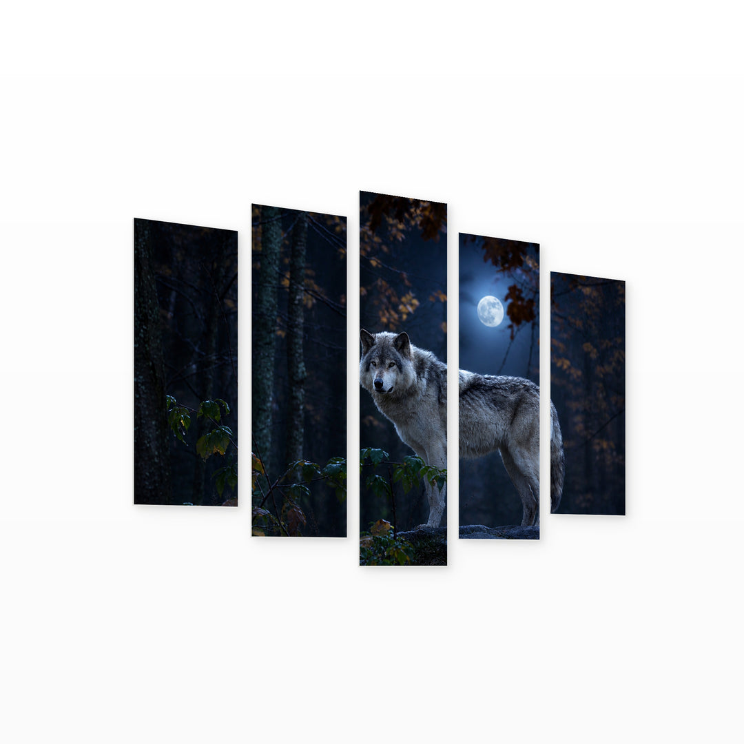 Wolf on a Rock at Night — five-panel wall art on white background in perspective | 5wallart 53928 M1