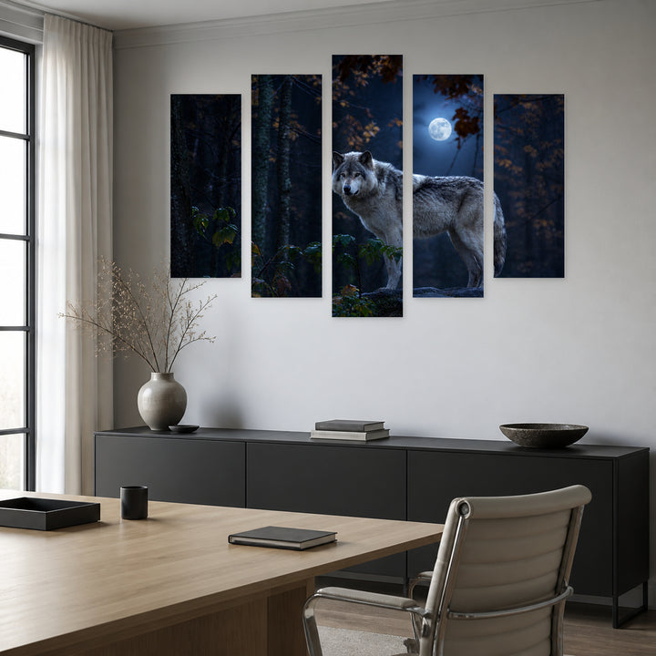 Wolf on a Rock at Night — five-panel wall art in frontal interior | 5wallart 53928 M3