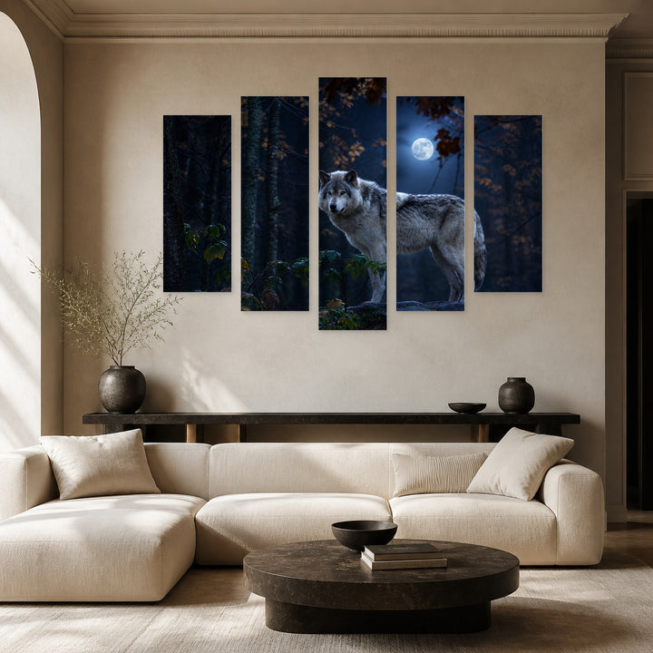 Wolf on a Rock at Night — five-panel wall art in alternate frontal interior | 5wallart 53928 M4