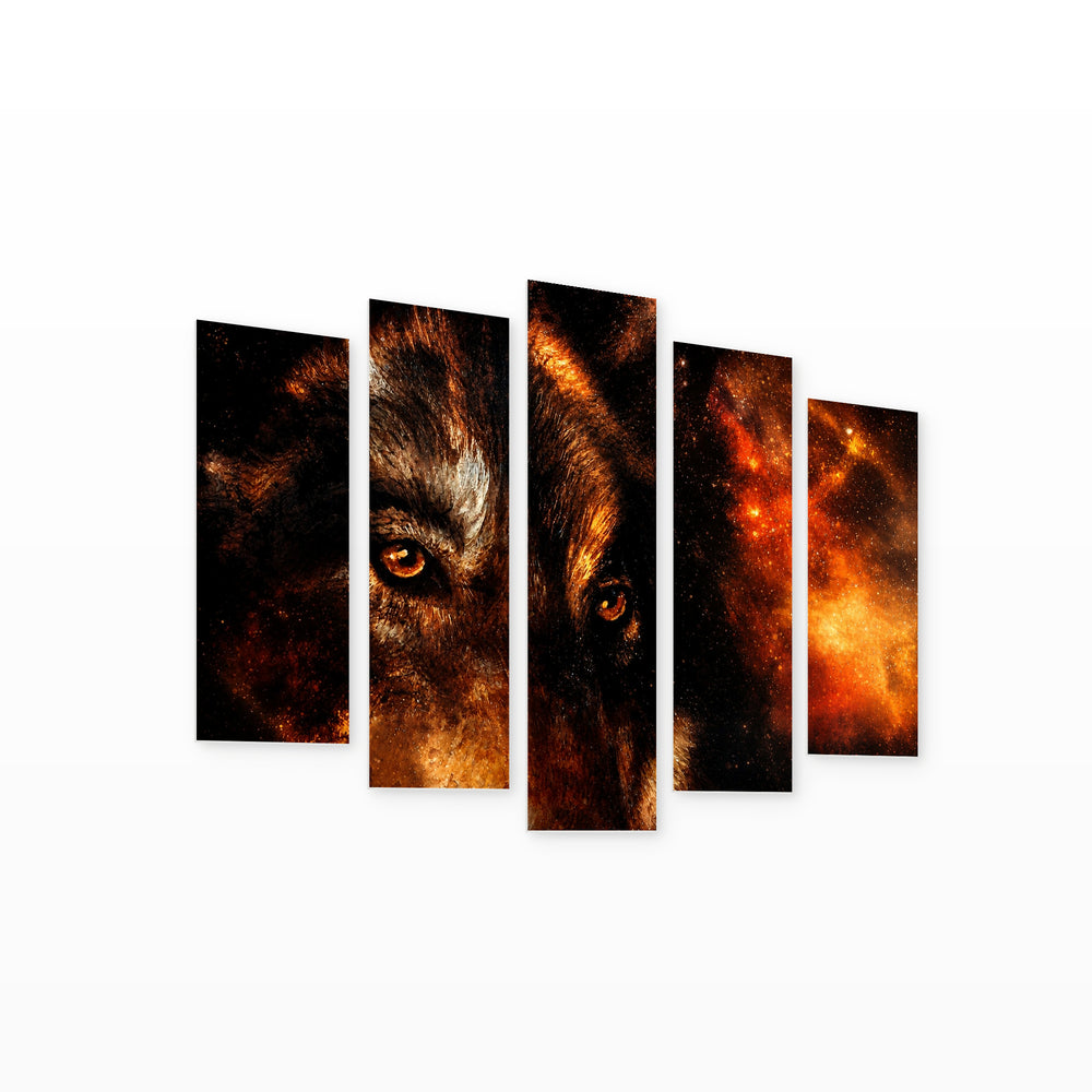 Cosmic Wolf Wildlife Portrait — five-panel wall art on white background in perspective | 5wallart 53935 M1