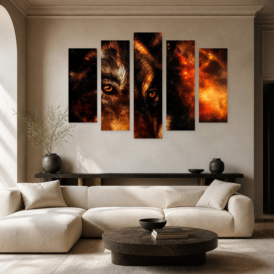 Cosmic Wolf Wildlife Portrait — five-panel wall art in frontal interior | 5wallart 53935 M3