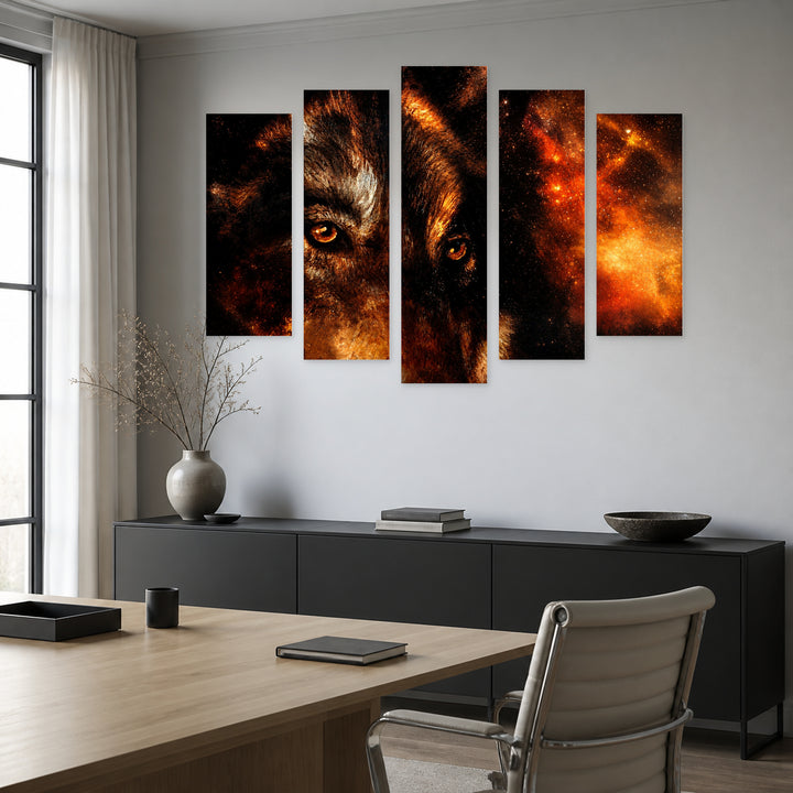 Cosmic Wolf Wildlife Portrait — five-panel wall art in alternate frontal interior | 5wallart 53935 M4