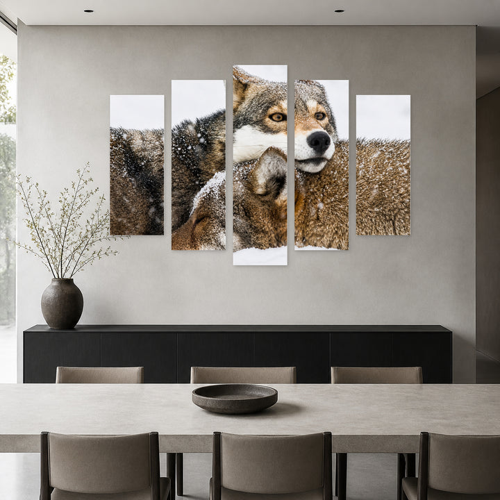 Pair of Red Wolves in Snow in Winter — five-panel wall art in frontal interior | 5wallart 53940 M3