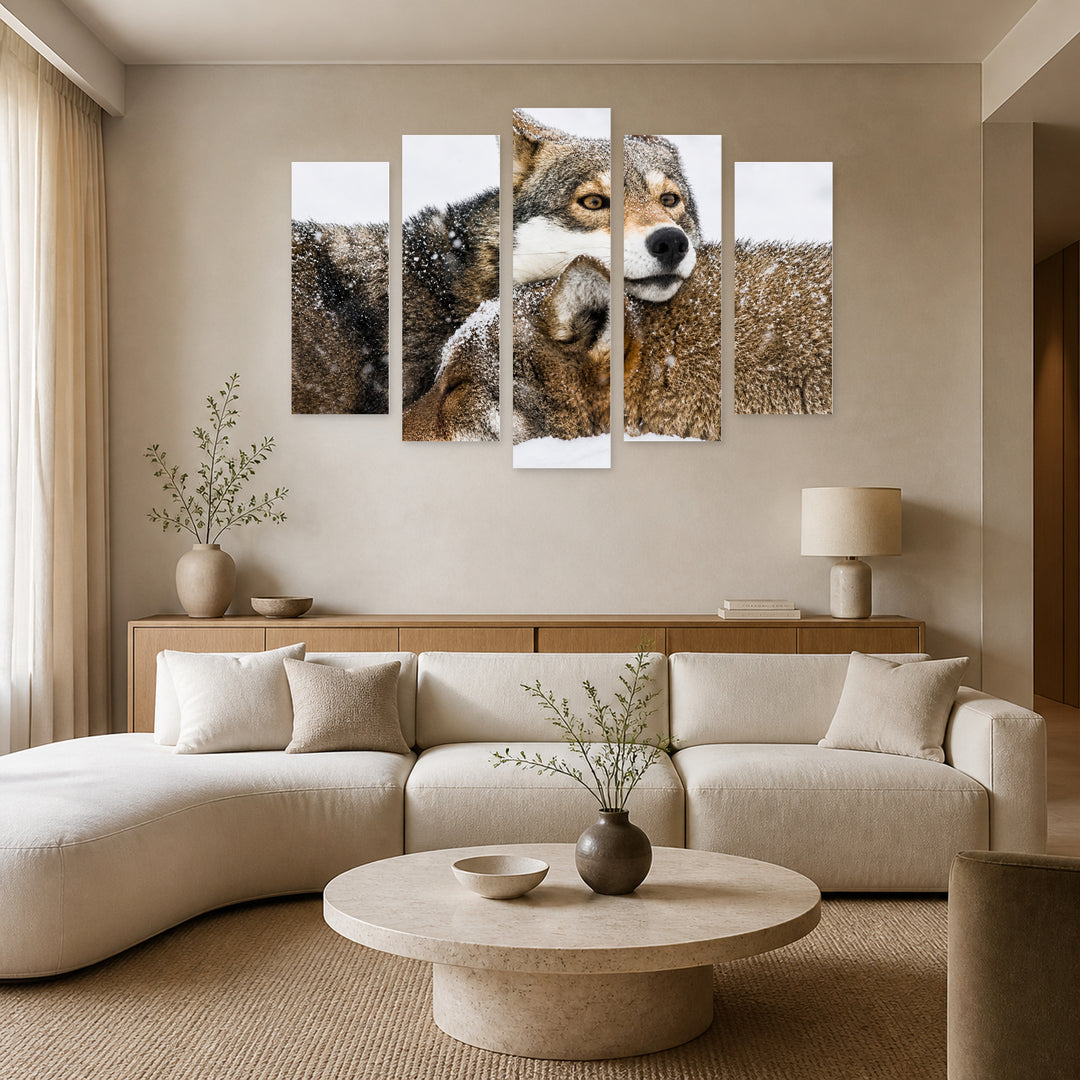 Pair of Red Wolves in Snow in Winter — five-panel wall art in alternate frontal interior | 5wallart 53940 M4