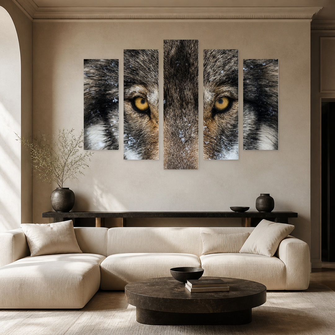 Wolf Eyes with Dramatic Contrast — five-panel wall art in frontal interior | 5wallart 53941 M3