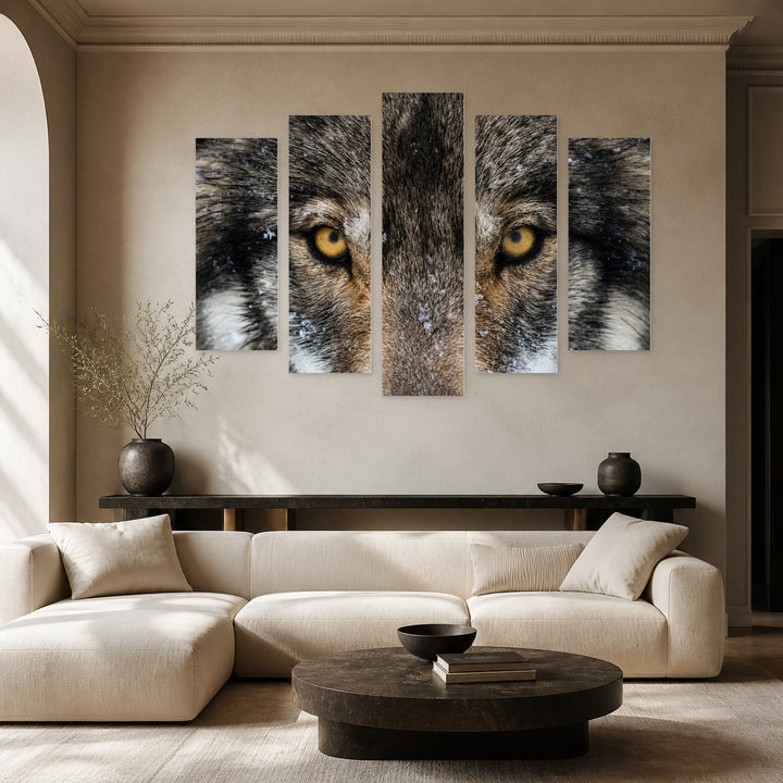 Wolf Eyes with Dramatic Contrast — five-panel wall art in frontal interior | 5wallart 53941 M3