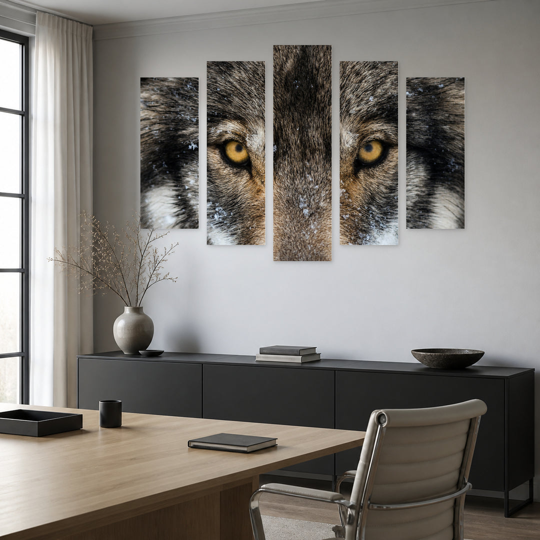Wolf Eyes with Dramatic Contrast — five-panel wall art in alternate frontal interior | 5wallart 53941 M4