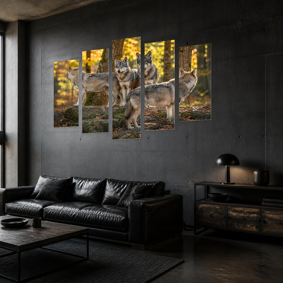 Family of Gray Wolves in the Forest — five-panel wall art in perspective interior | 5wallart 53942 M2
