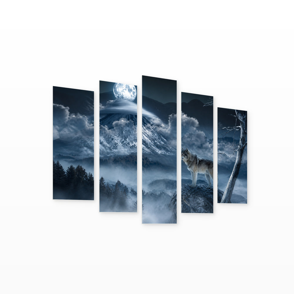 Moon and Wolf at Night — five-panel wall art on white background in perspective | 5wallart 53947 M1