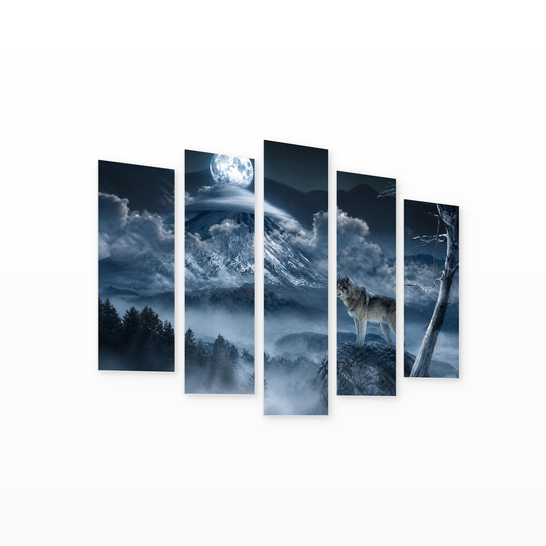 Moon and Wolf at Night — five-panel wall art on white background in perspective | 5wallart 53947 M1