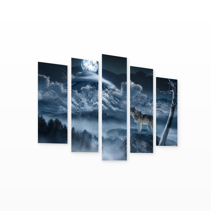 Moon and Wolf at Night — five-panel wall art on white background in perspective | 5wallart 53947 M1