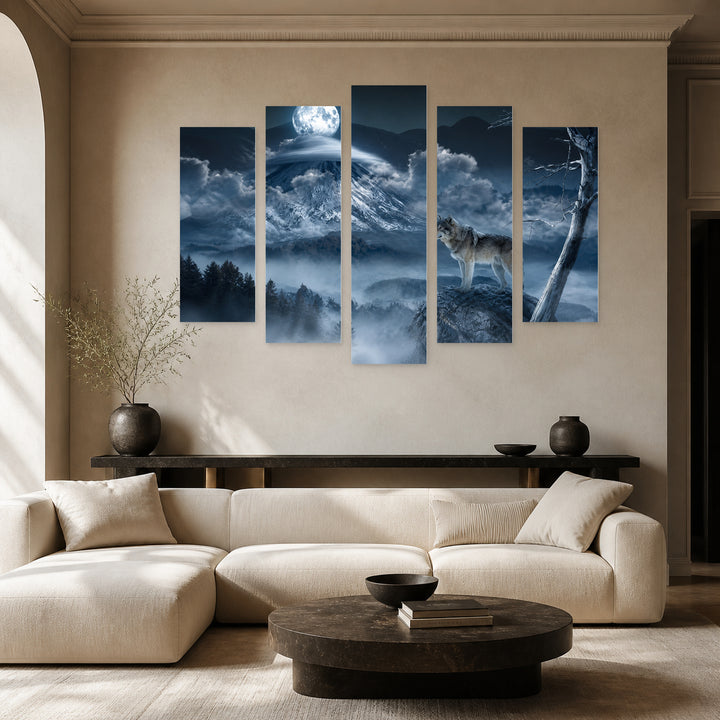 Moon and Wolf at Night — five-panel wall art in frontal interior | 5wallart 53947 M3