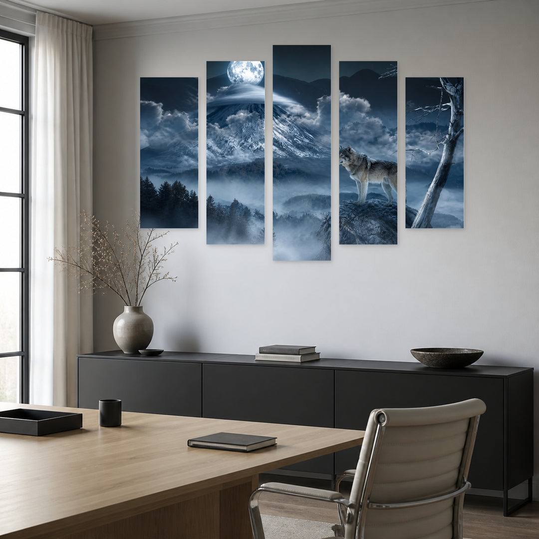 Moon and Wolf at Night — five-panel wall art in alternate frontal interior | 5wallart 53947 M4